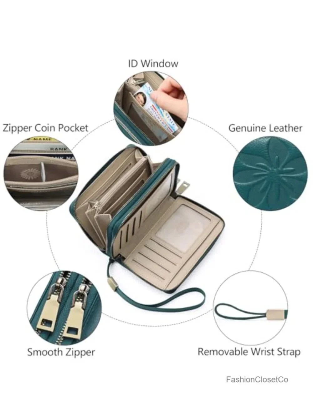 Medium Double Zip RFID Wristlet Wallet 16 Card Slots Removable Strap